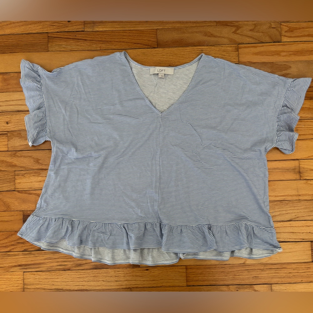 LOFT Blue and White Striped Ruffle Hem Blouse
